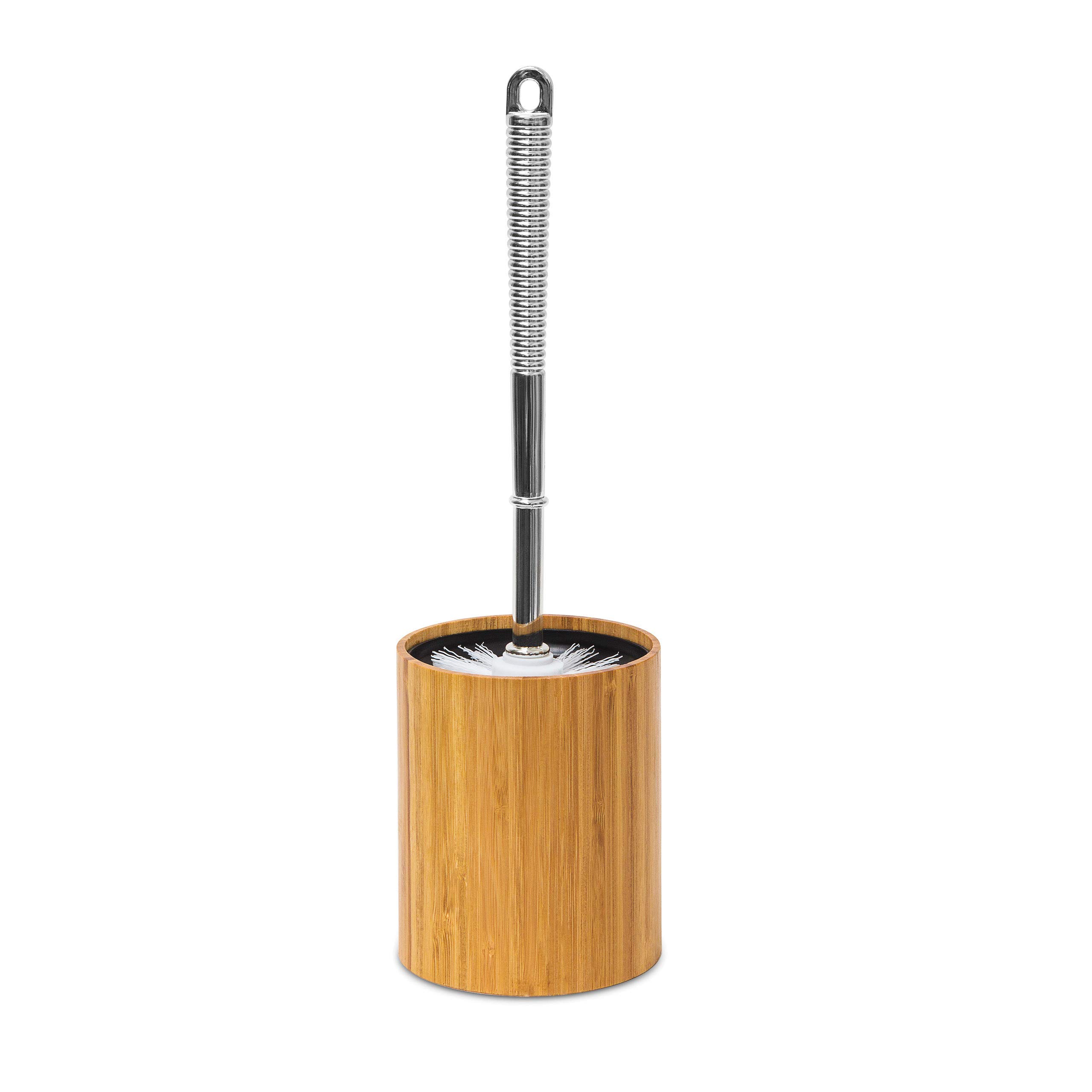 Relaxdays Bamboo Toilet Brush Holder: 33 x 10.4 x 10.4 cm, Natural Bamboo with Plastic Toilet Brush, Stainless Steel Finish, Replaceable Brush Head, Removable Plastic Container