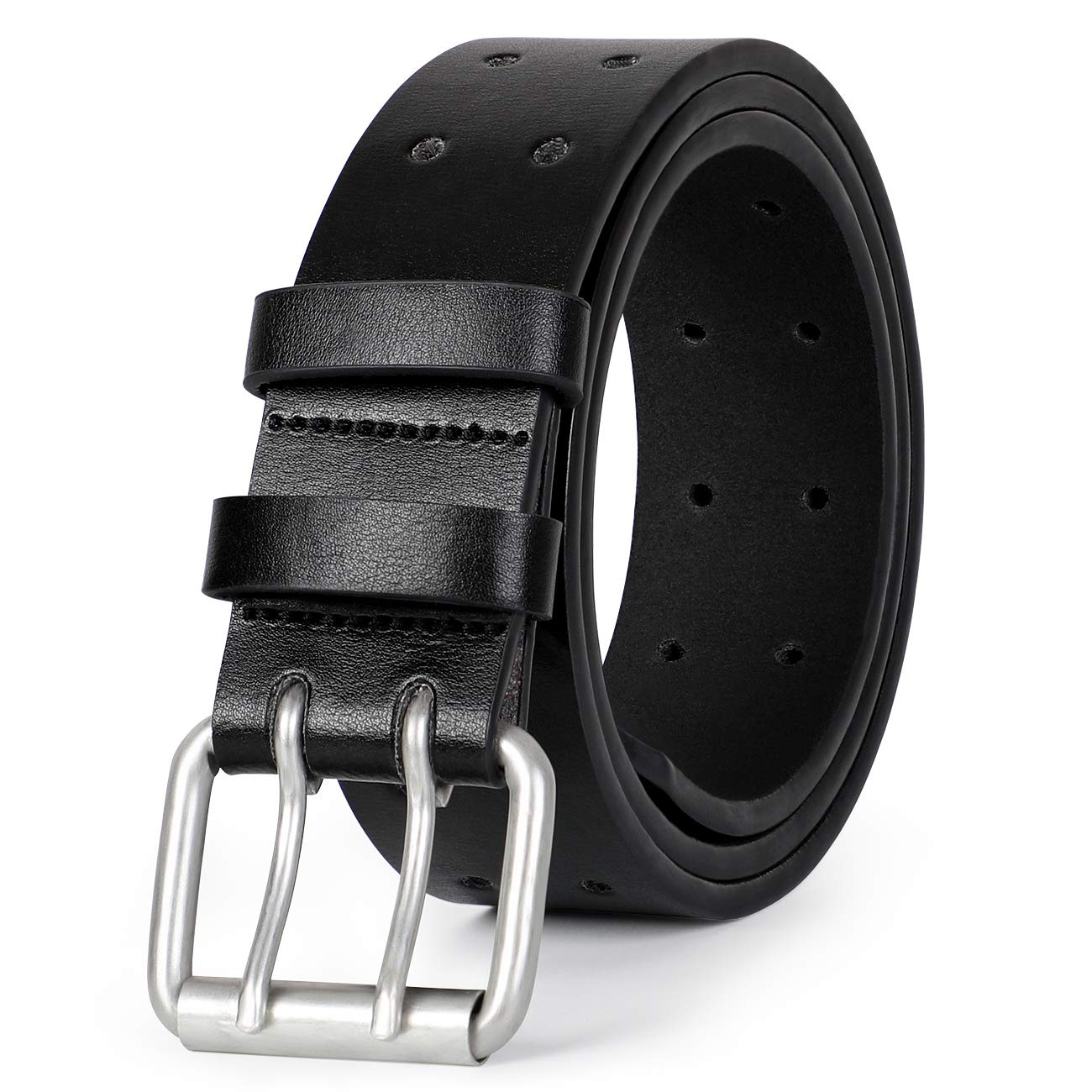 Double Prong Leather Belt Heavy Duty Belt for men, Double Grommet Holes Belt for Pants, Black, Suit for Pant Size Up to 34\