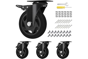 JIN FU TOU 4" Caster Wheels,Caster Set of 4, Jinfutou Heavy Duty Casters with Brake, No Noise Locking Casters with Black Polyurethane (PU) Wheels, Swivel Plate Castors