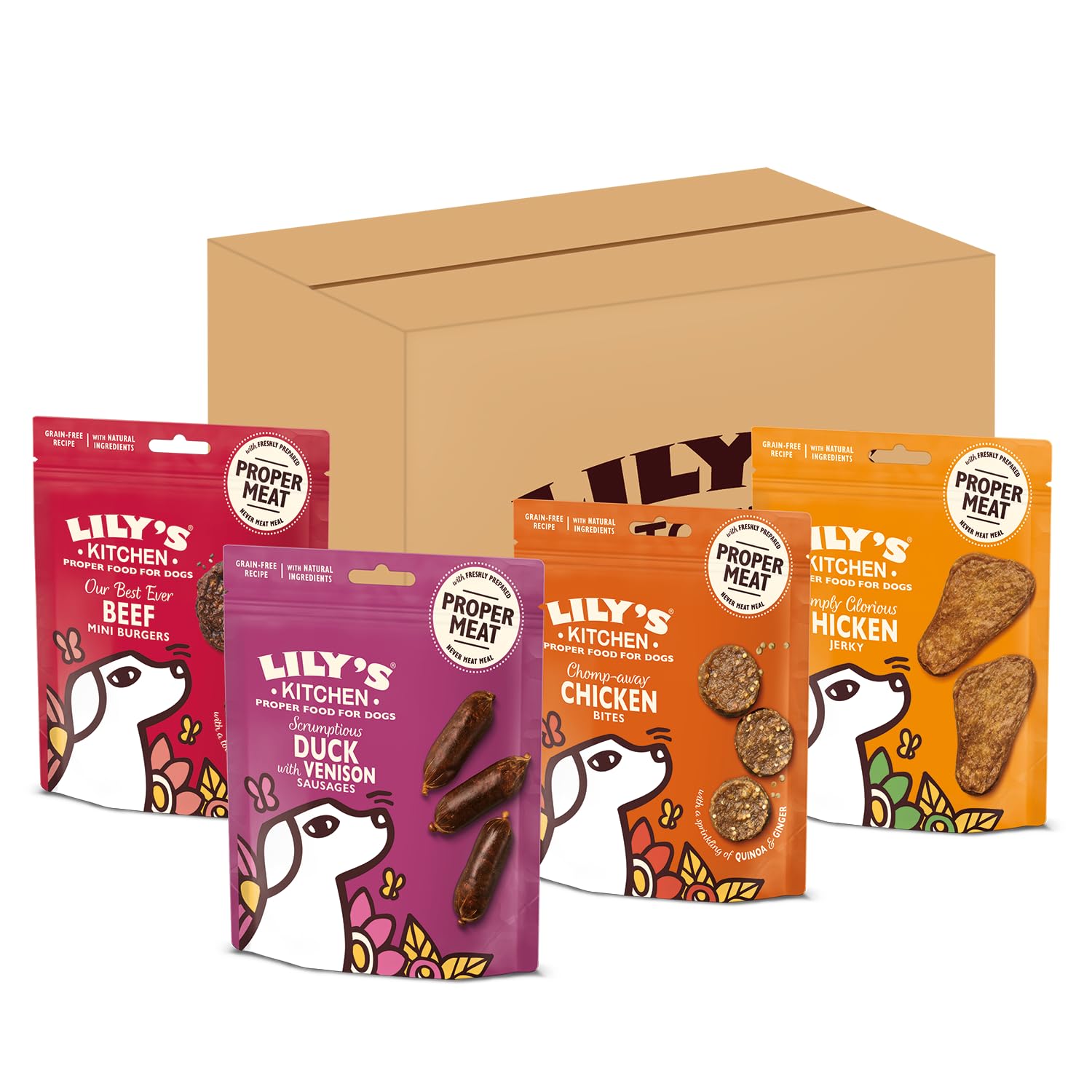 Lily's Kitchen Natural Dog Treats Multipack - Beef Mini Burgers, Duck and Venison Sausages, Chicken Bites & Chicken Jerky (8 x 70 g)