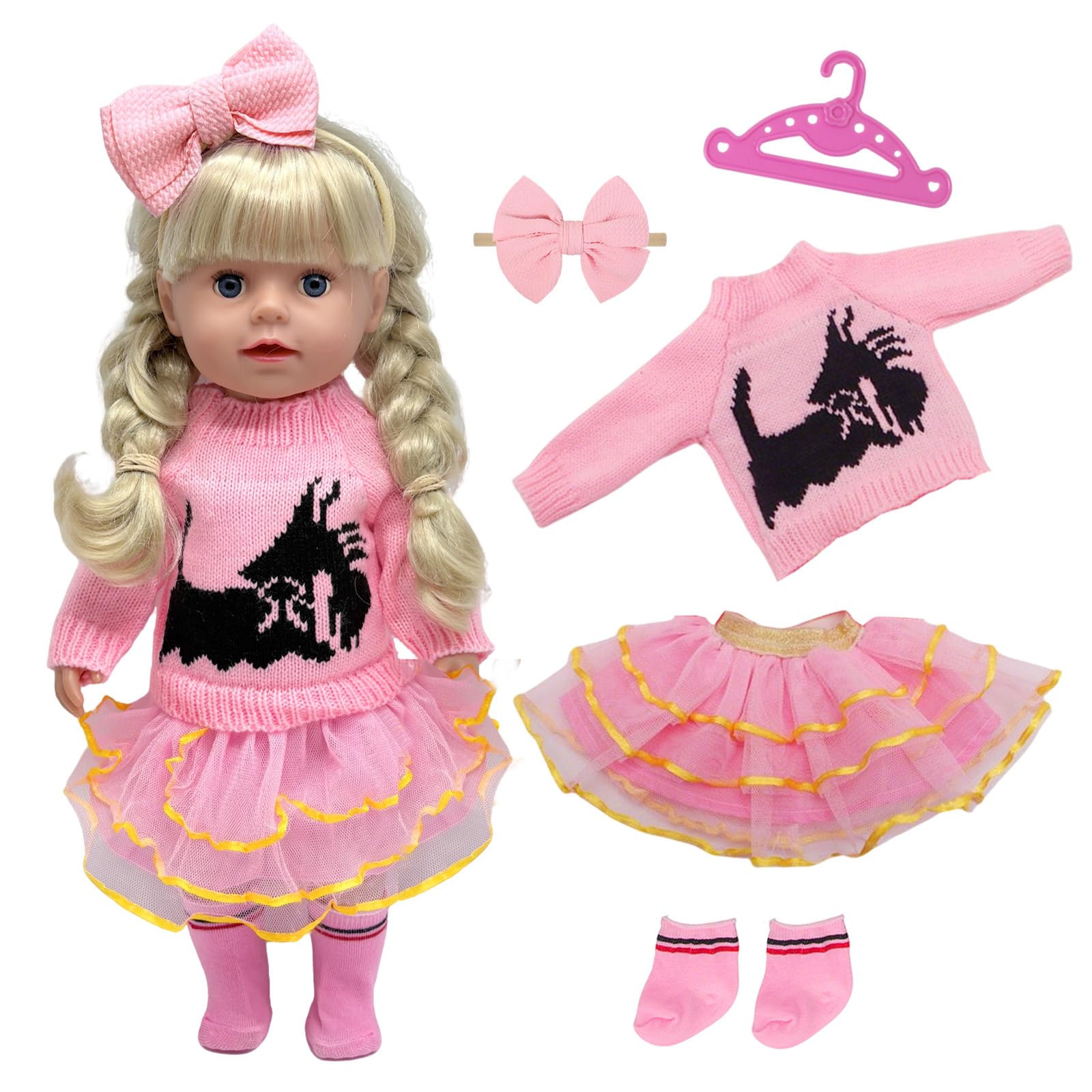 5 Pcs Doll Clothes Set for 14-17 Inch Baby Dolls, 35 40 43cm Baby Doll Clothes Outfits: 1 Sweater 1 Lace Skirt 1 Headband with Bow, 1 Hanger Socks Birthday Gift