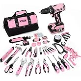 SHALL 247Pcs 20V Cordless Drill Driver & Household Tool Kit for Women, Pink Electric Power Drill Screwdriver and Home Hand To