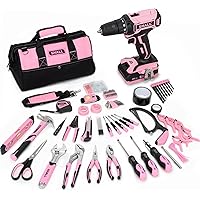 SHALL 247Pcs 20V Cordless Drill Driver & Household Tool Kit for Women, Pink Electric Power Drill Screwdriver and Home Hand To