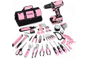 SHALL 247Pcs 20V Cordless Drill Driver & Household Tool Kit for Women, Pink Electric Power Drill Screwdriver and Home Hand To