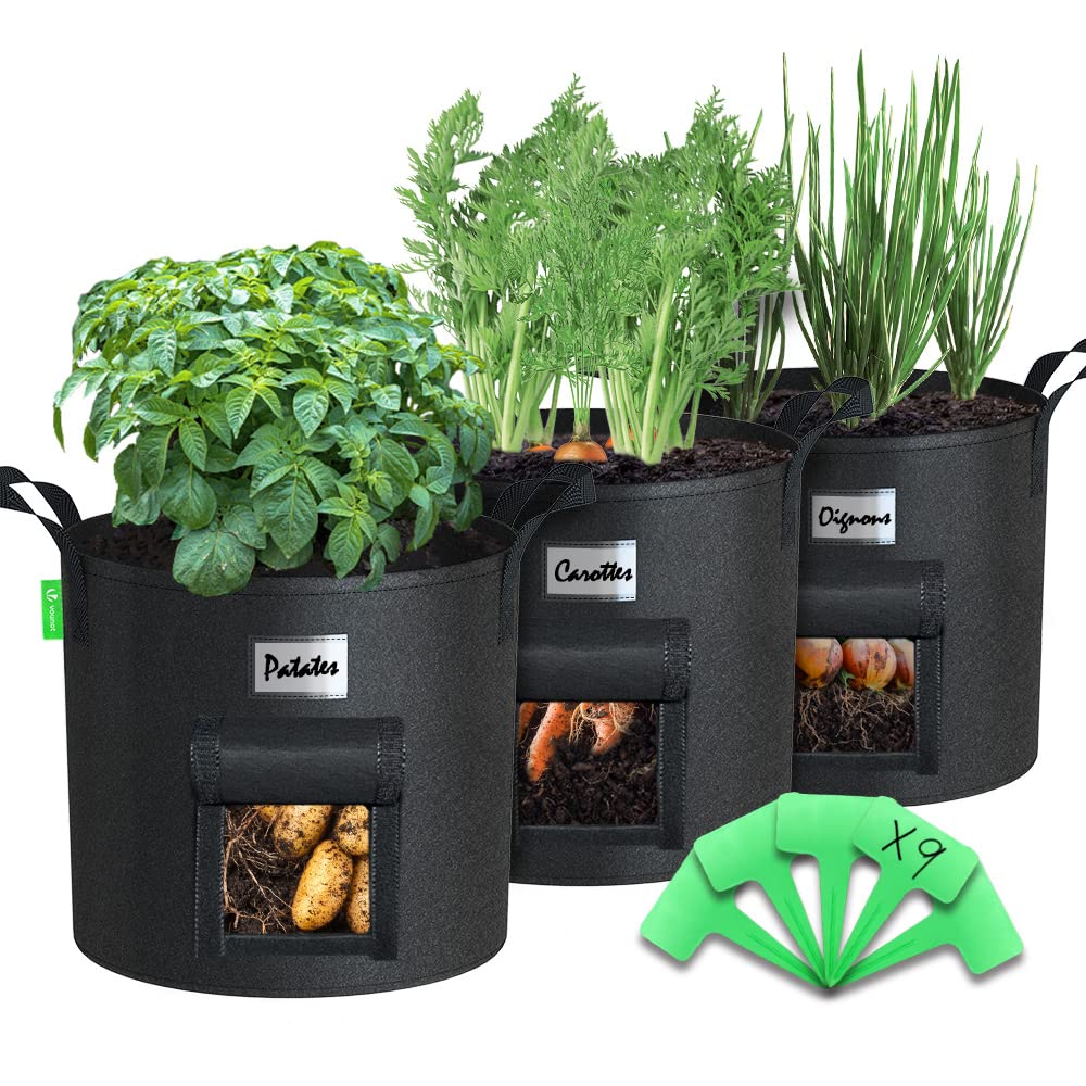 VOUNOT® Pack of 3 Plant Grow bags for Vegetables 12 Gallon Potato Growing Kit with Window Flap, Non-woven Plant Fabric Pot with Plant labels, Strap Handles, Growing Containers for Flowers and Fruits