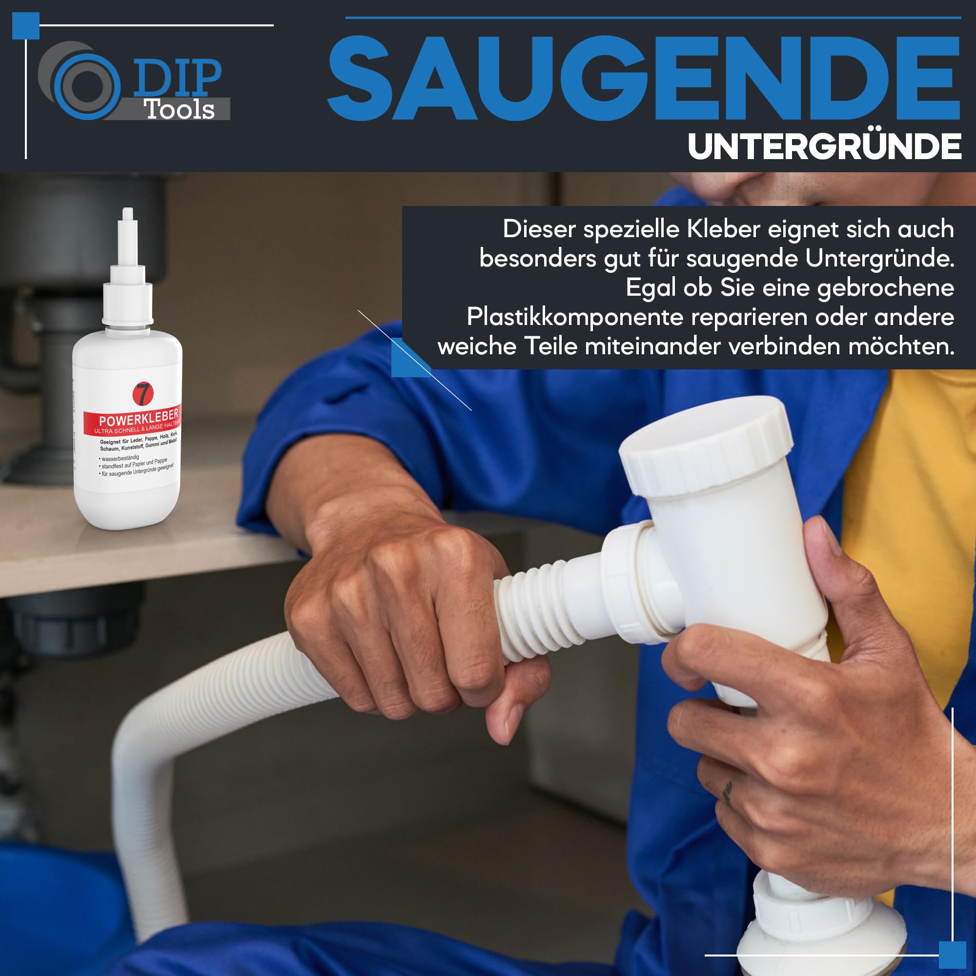 DIP-Tools Powerkleber 50g I schnelltrocknend und lange haltbar, Hochleistungskleber Kleber extra stark, für Leder, Pappe Holz Kork Schaum Kunststoff Gummi Metall, Kunststoffkleber Metallkleber 9