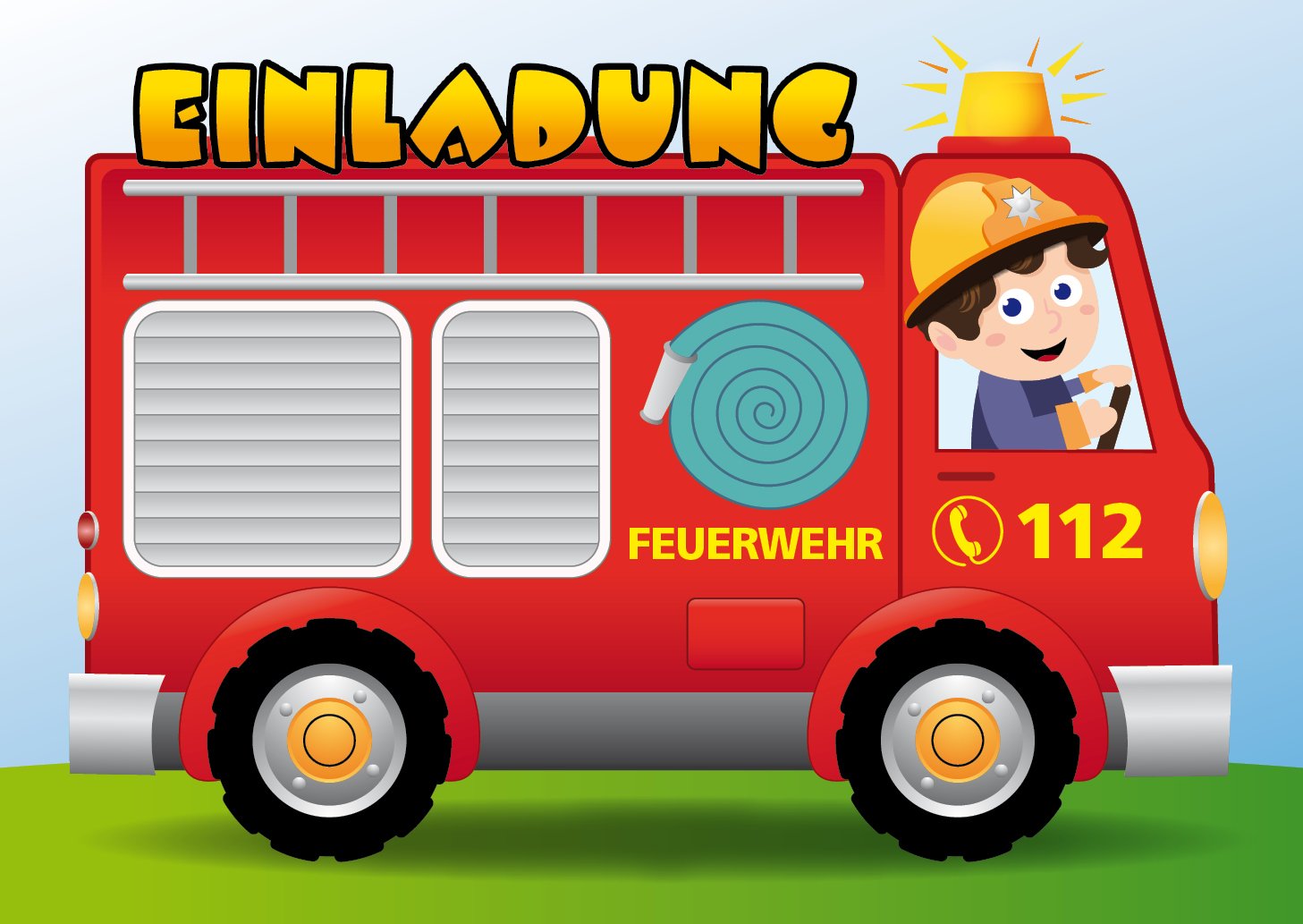 10-Inch Fire Brigade Invitation Card Set: Fun invitations to a children’s birthday party with a fireman and fire engine by Edition Colibri (10982).