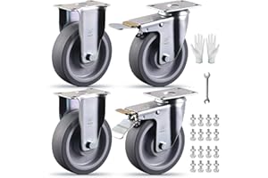 VM VIMA 5 Inch Castets Set of 4 Heavy Duty Caster Wheels with Brake 3000Lbs Swivel Rigid TPR Rubber Wheel Silent Castor Locking Industrial Plate Casters Wheels for Cart Furniture Workbench, 2 Fixed & 2 Brake