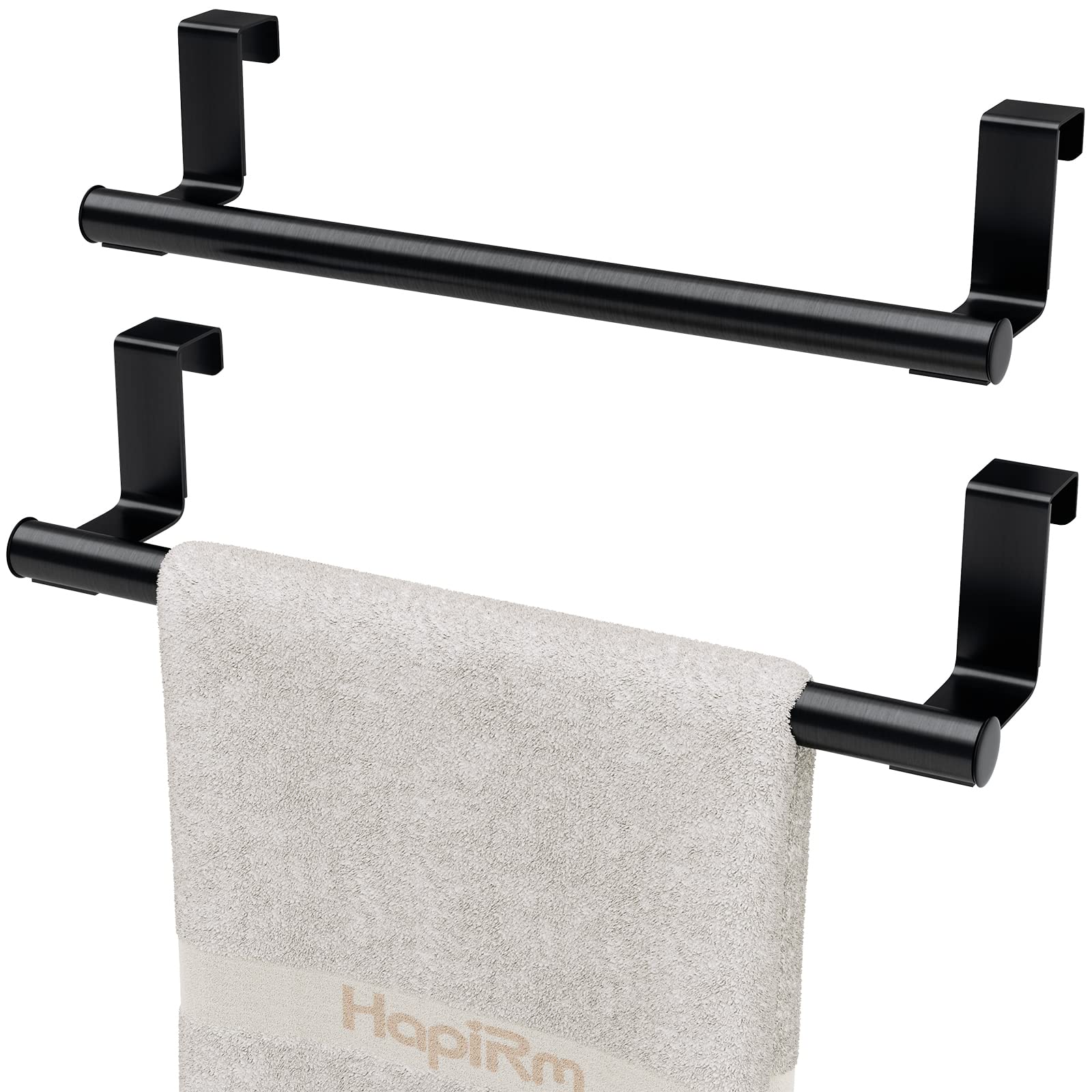 HapiRm Over the Door Towel Rail, Black Kitchen Towel Holder with Protective Pads, Stainless Steel Kitchen Towel Rail No Drilling, Rustproof Towel Storage for Cabinet Door, 2 Pack, 23.5cm