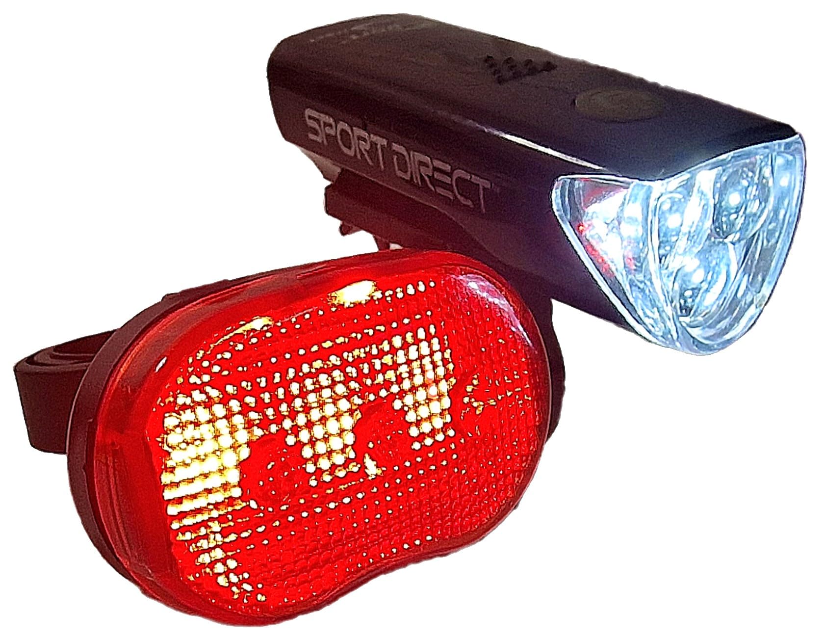 Sport Direct™ MegaWhite 50 Lumen Set. Front/Rear Bike Light Set. 3 x Front Superbright LED's & 3 x High Visibility Rear LED's. Run Time 160hrs+ IPX4 Waterproof *SEE 360 VIDEO*