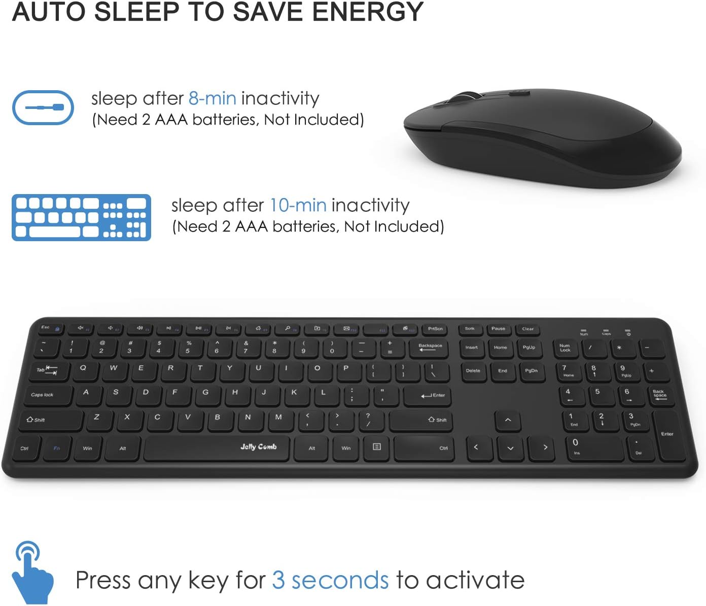 Wireless Keyboard and Mouse, Jelly Comb 2.4GHz Ultra Thin Full Size Wireless Keyboard Mouse Combo Set with Number Pad for Computer, Laptop, PC, Desktop, Notebook, Windows 7, 8, 10-(Black): Computers & Accessories