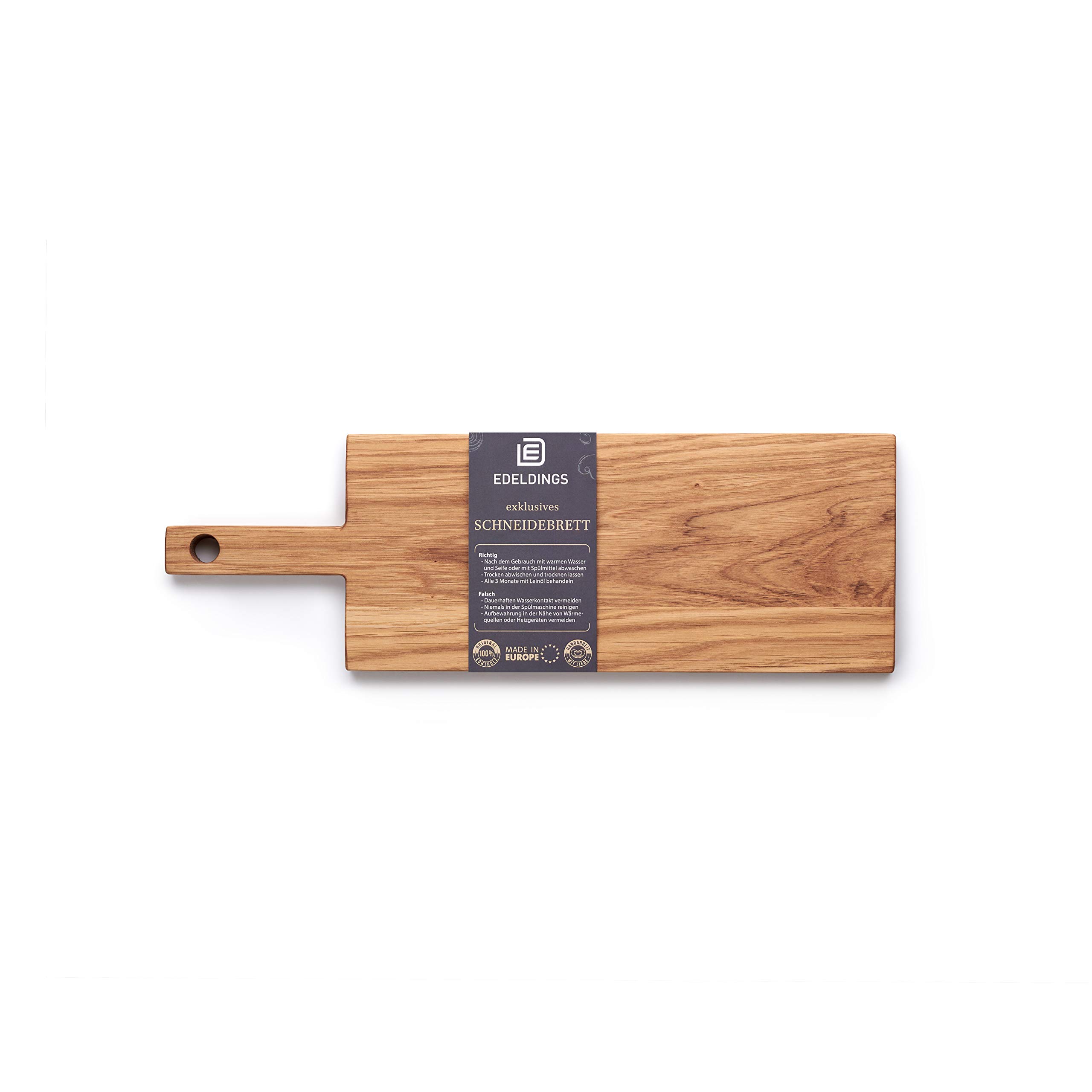 Edeldings Chopping and Serving Board Made of High-Quality Oak 30 х 13 cm Large with 10 cm Practical Handle Antibacterial Kitchen Board Serving Board Breakfast Board Solid Wood Board