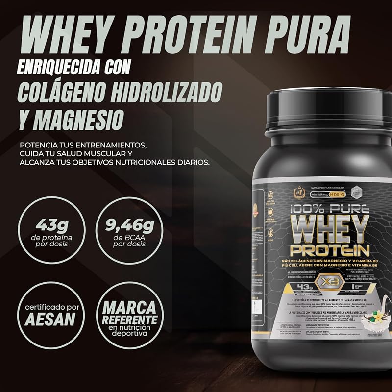 Proteína de Soro | Proteína Pura de Soro com Colagénio + Magnésio | Tonifica e aumenta a massa muscular | Melhore os Seus Treinos | 1000g de proteína (Baunilha)
