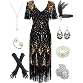 Women's 1920s Gatsby Inspired Sequin Beads Long Fringe Flapper Dress w/Accessories Set