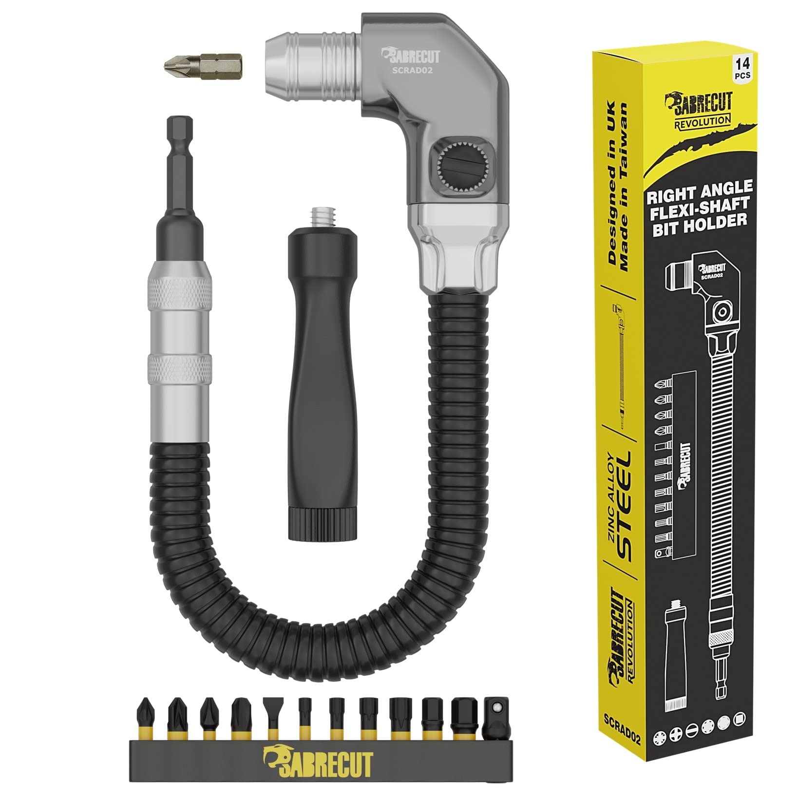 14 Piece SabreCut SCRAD02 305mm Heavy Duty 1/4 Inch Compact Flexible Right Angle Impact Driver Bit Holder & 25mm Bits Set Dual Position Handle & Magnetic Spring Loaded Quick Release Collar