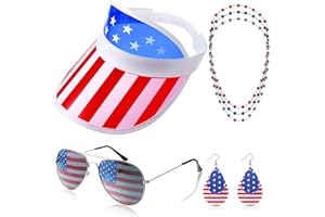 JIUGUVA 4th of July USA Flag Patriotic Party Accessories Include Independence Day American Flag Sun Visor Sunglasses Earrings Patriotic Bead Necklaces for USA Patriotic Party Favors Supplies Decor