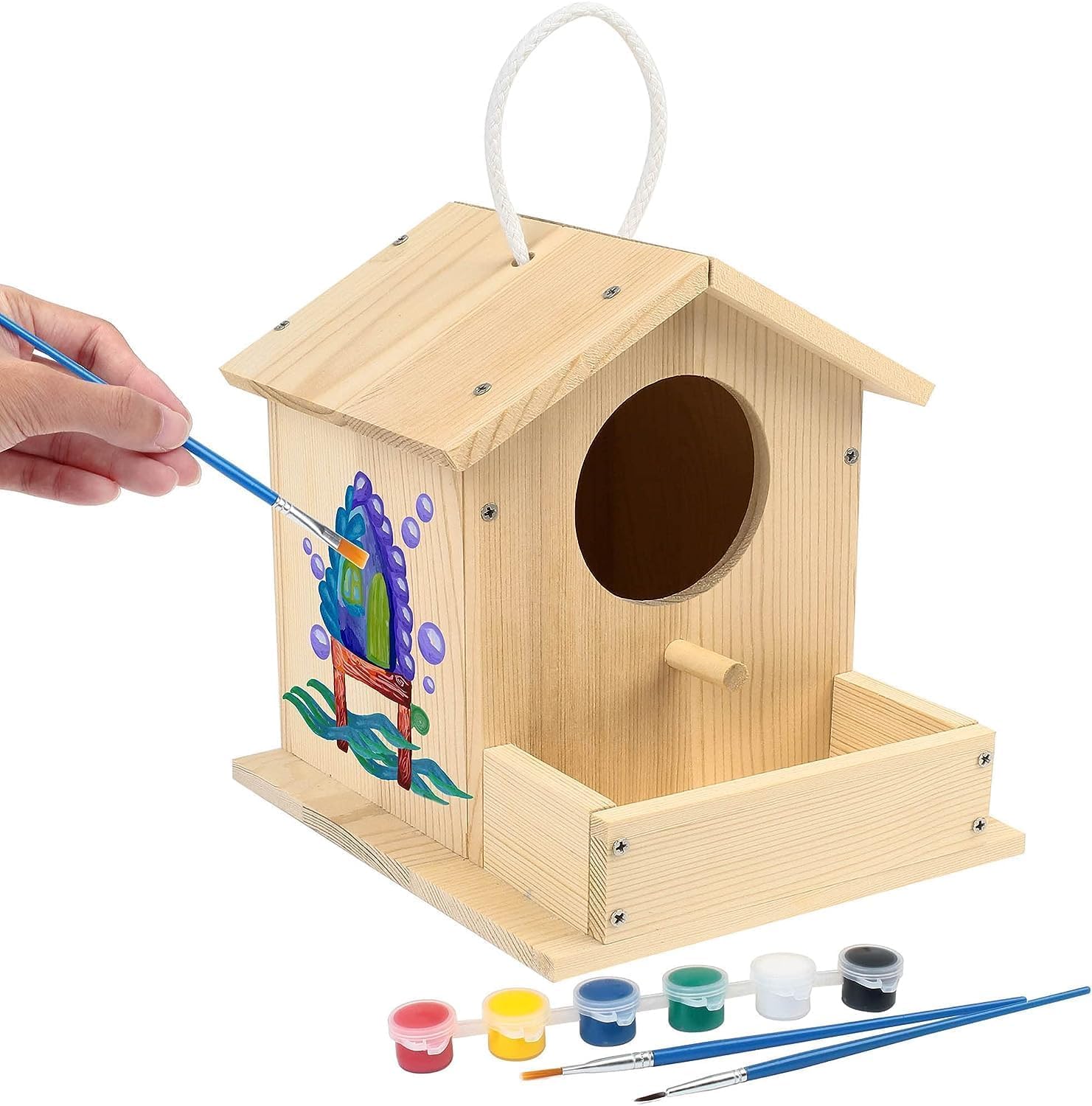 LotFancy Bird House Kits for Kids, DIY Wooden Birdhouse Building Kit, Bird Box Arts and Crafts for Kids and Adults to Build and Paint, Including Paints and Brushes