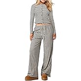 SweatyRocks Women's Striped 2 Piece Outfit Button Down Long Sleeve Knit Top Set Leisure