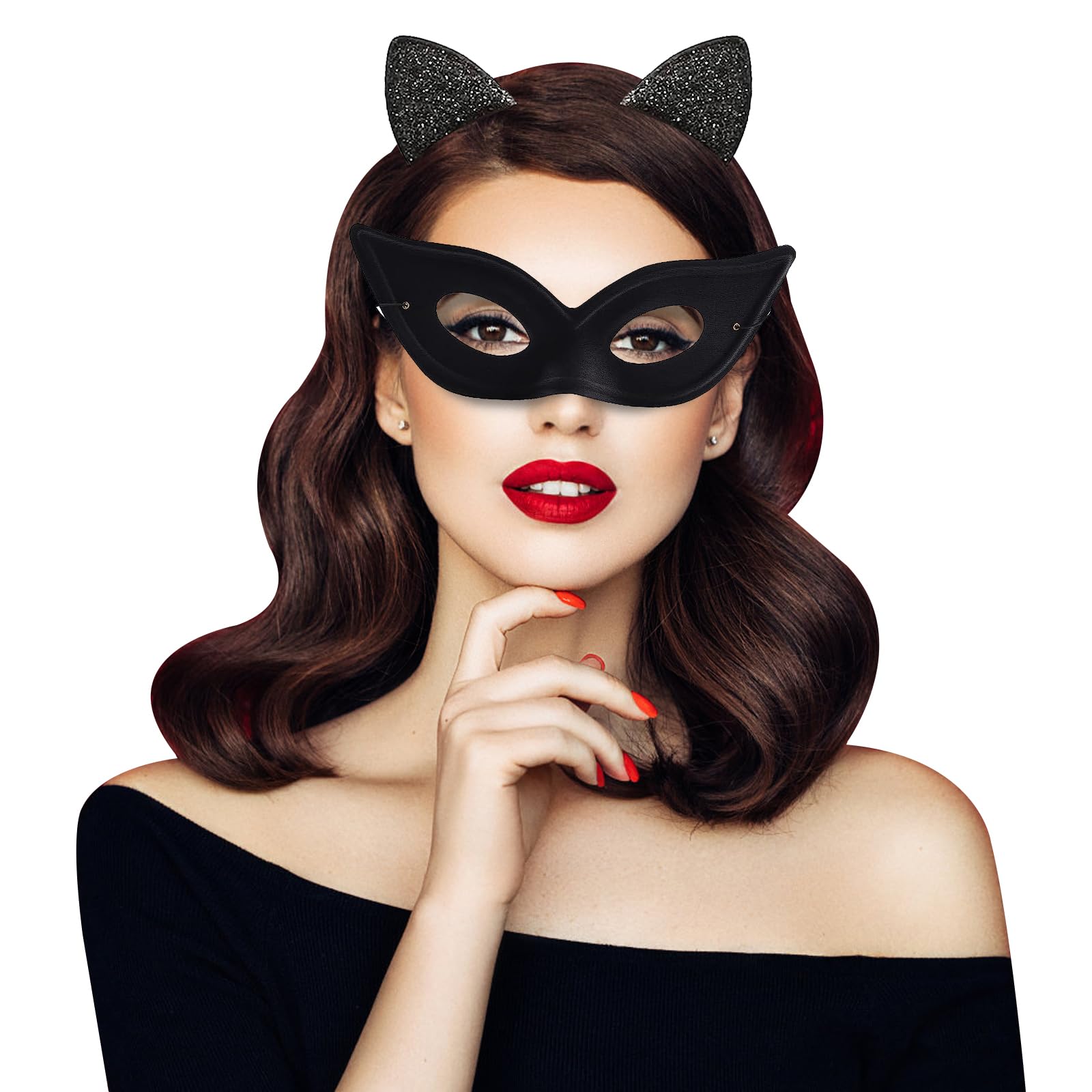 EQLEF Cat Mask and Cat Ears Headband Set, Black Cat Eye Mask With Elastic String Masquerade Masks for Women Girls Catwoman Mask for Cat Themed Party Cosplay Costume,20*7.5cm/18.5*15cm