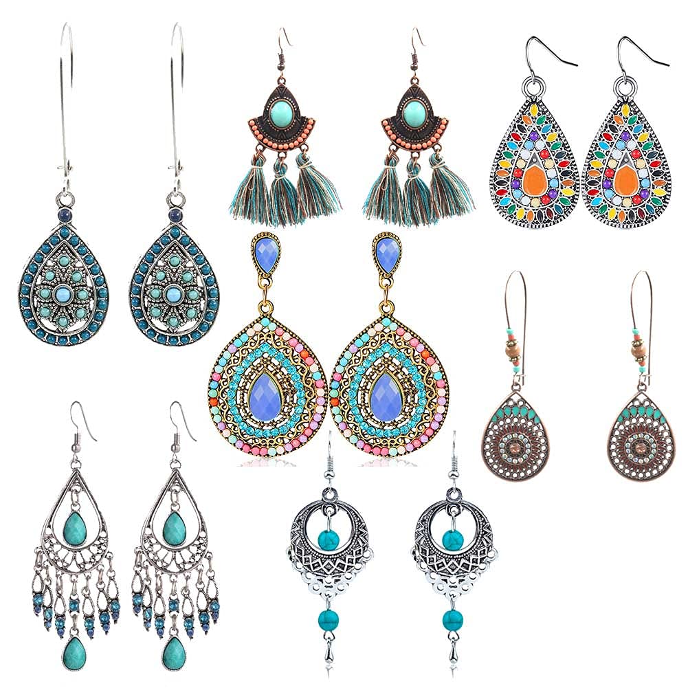 7 Pairs Bohemian Earrings Vintage Boho Earrings Dangle Drop Hook Earrings Metal Retro Rhinestone Stud Earrings Hippie Gypsy Earrings Set Turquoise Bohemian Jewellery Pendant Earrings For Women Girl