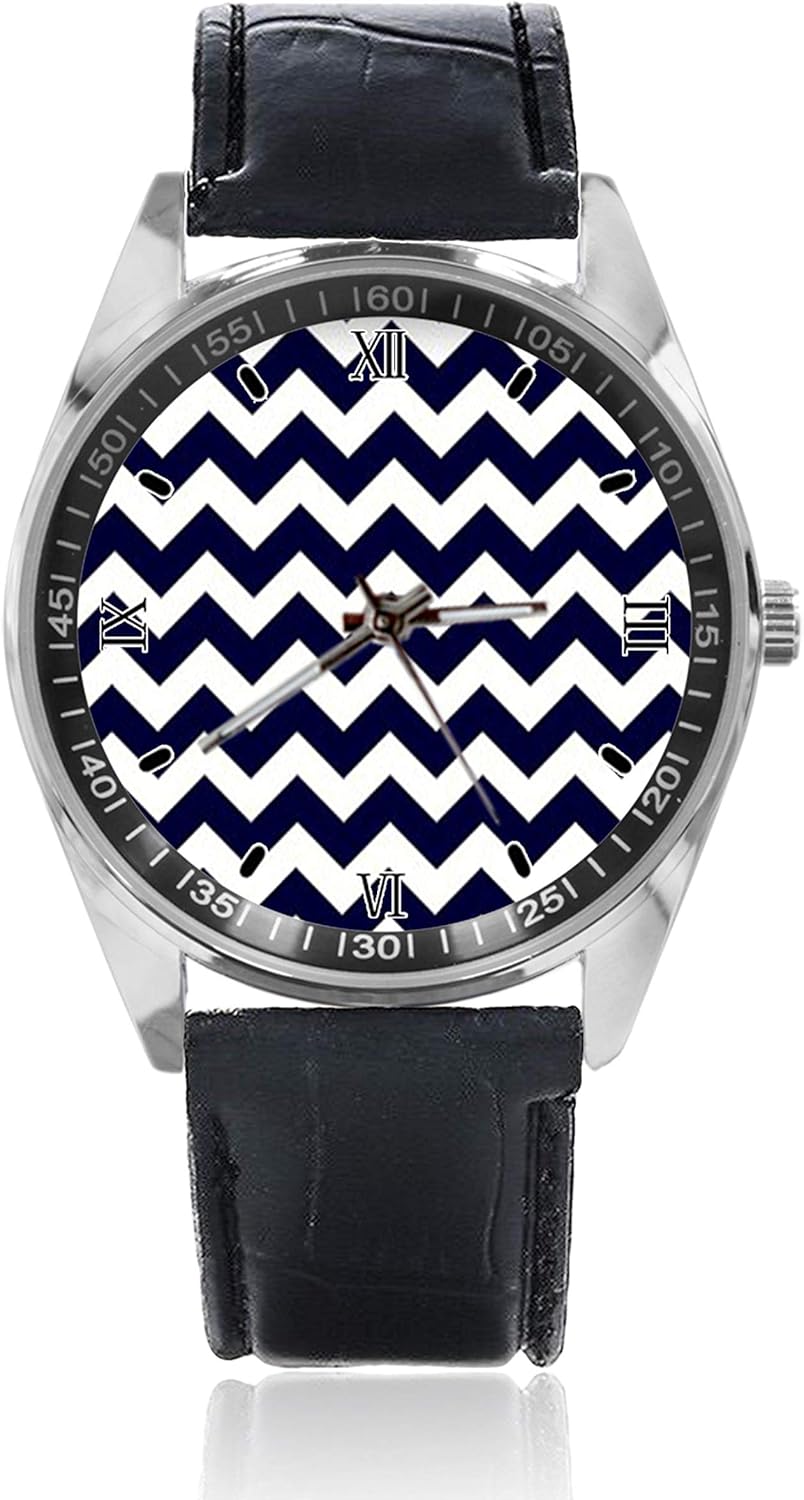 Navy Nautical Blue Deep Chevron Men's Leather Belt Watch Simple Classic