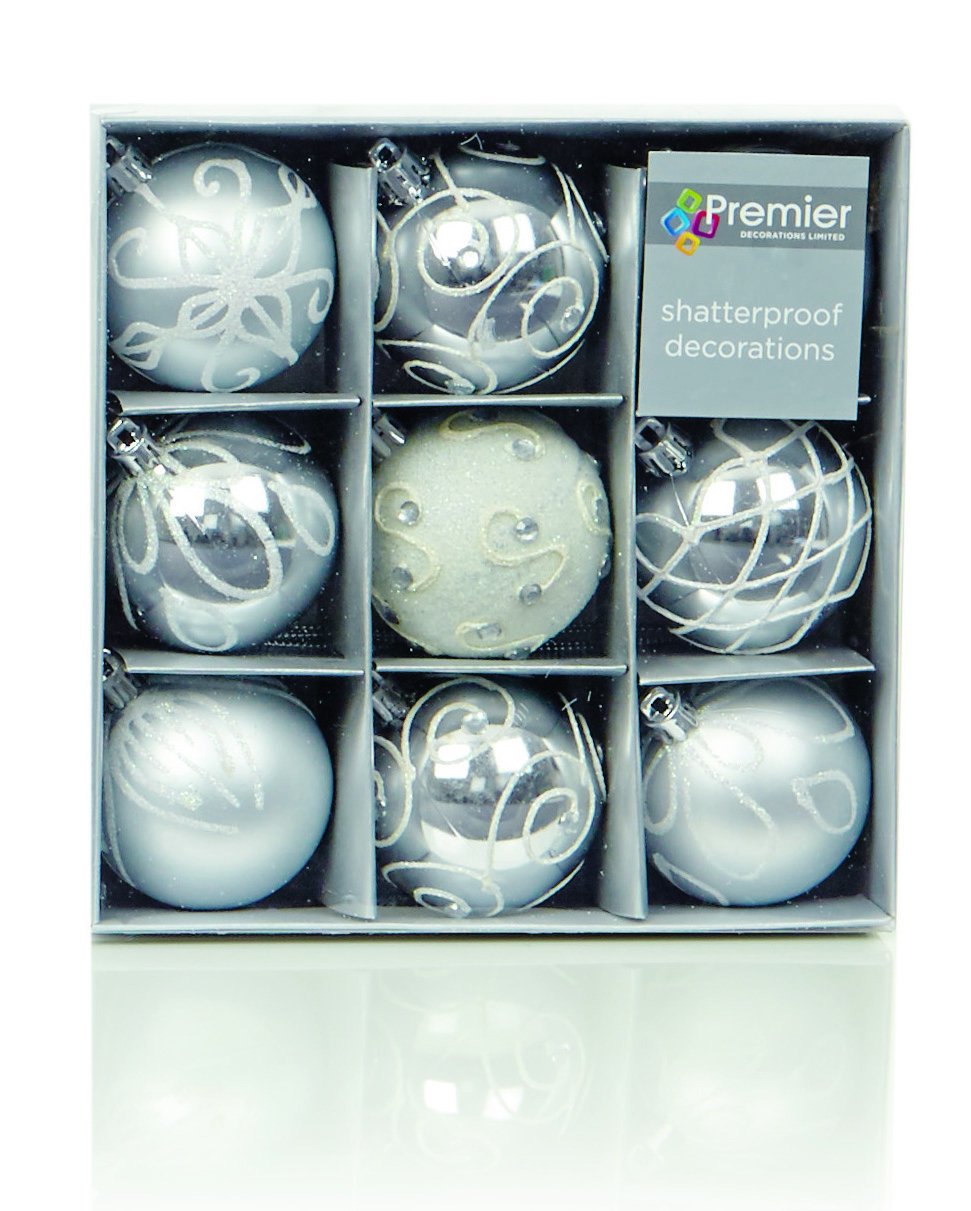 Set of Nine Silver Christmas Tree Baubles (6cm)