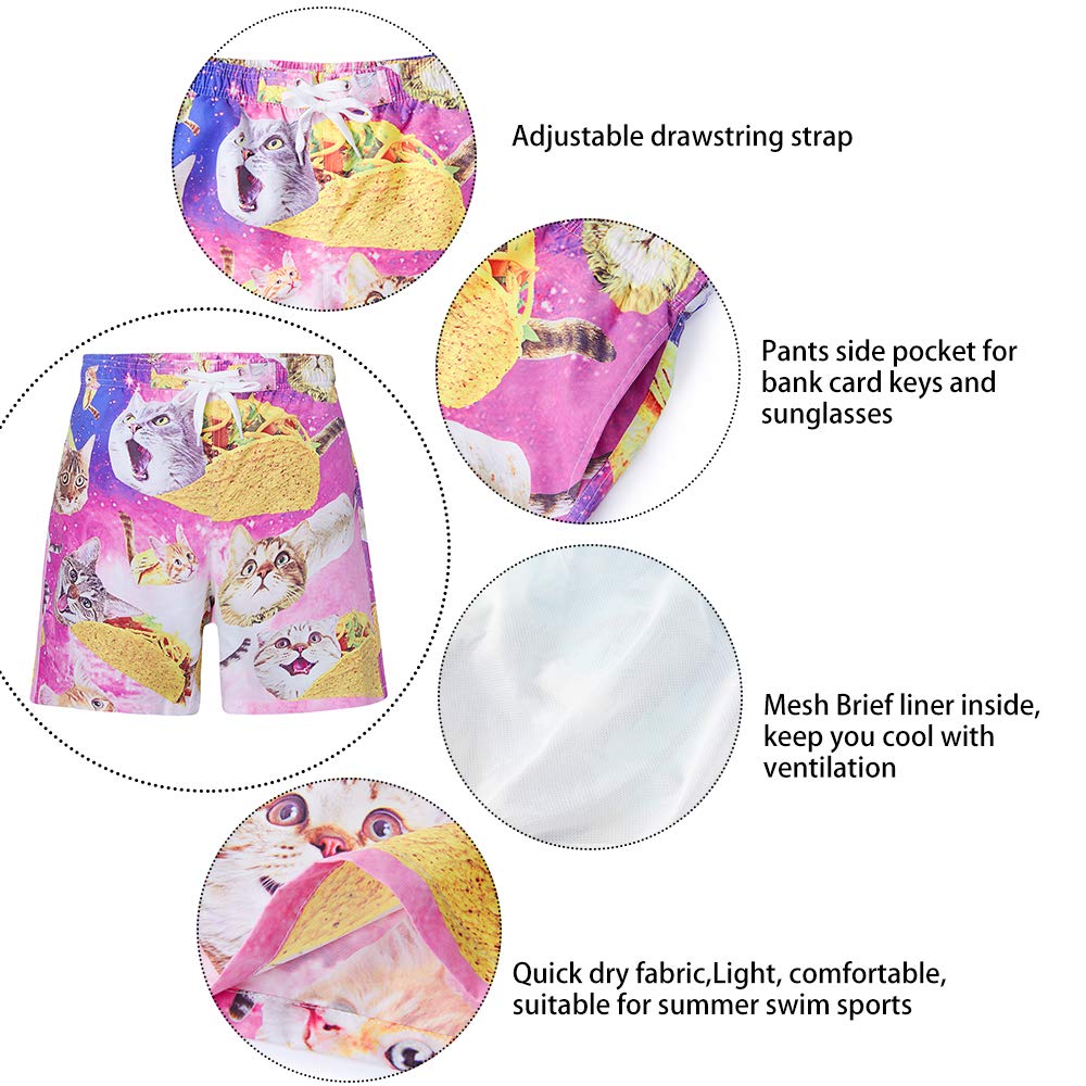 NICOMIDEA Boys Swim Shorts Pizza Cat Swim Trunks Bathing Suits Kids Swimsuit Swim Shorts with Mesh Lining Size 8