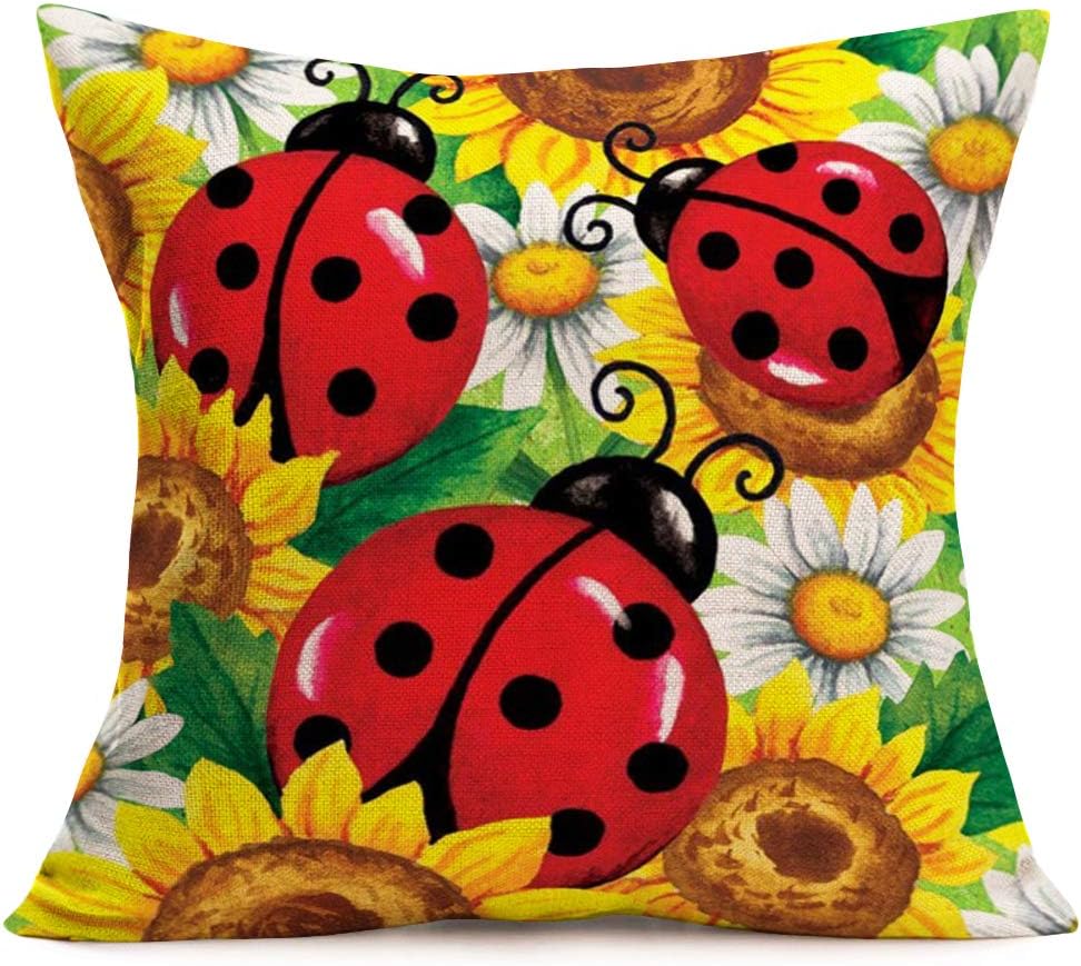 ShareJ Ladybug Sunflowers Pattern Throw Pillow Covers Kids Home Decorative Square Pillow Cases for Sofa Bedroom Livingroom Cotton Linen Cushion Cover 18" x 18"