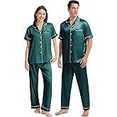 Guriyzee Couples Matching Pajamas Set Silk Satin Short Sleeve Button Down Loungewear with Long Pant