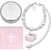 Tryuunion Baptism Bracelet in Sterling Silver and Cultured Pearls for Baby Girls, with Silver-plated Jewelry Keepsake Box, Great Catholic Christening and Baptism Gifts for Girl