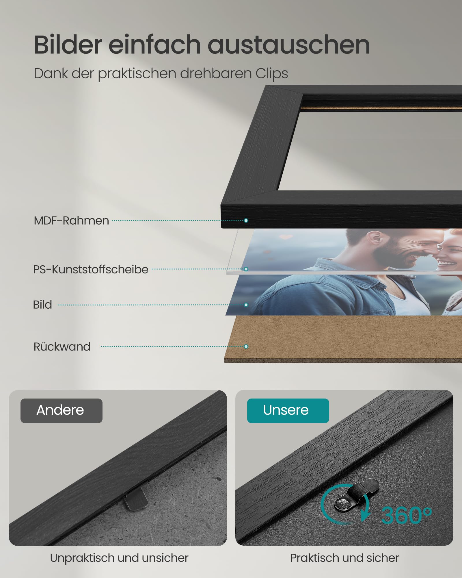 SONGMICS Bilderrahmen 10er Set, für 2 Fotos in 20 x 25 cm, 4 Fotos in 13 x 18 cm, 4 Fotos in 10 x 15 cm, Kunststoffscheibe, MDF, tintenschwarz RPF310H 4