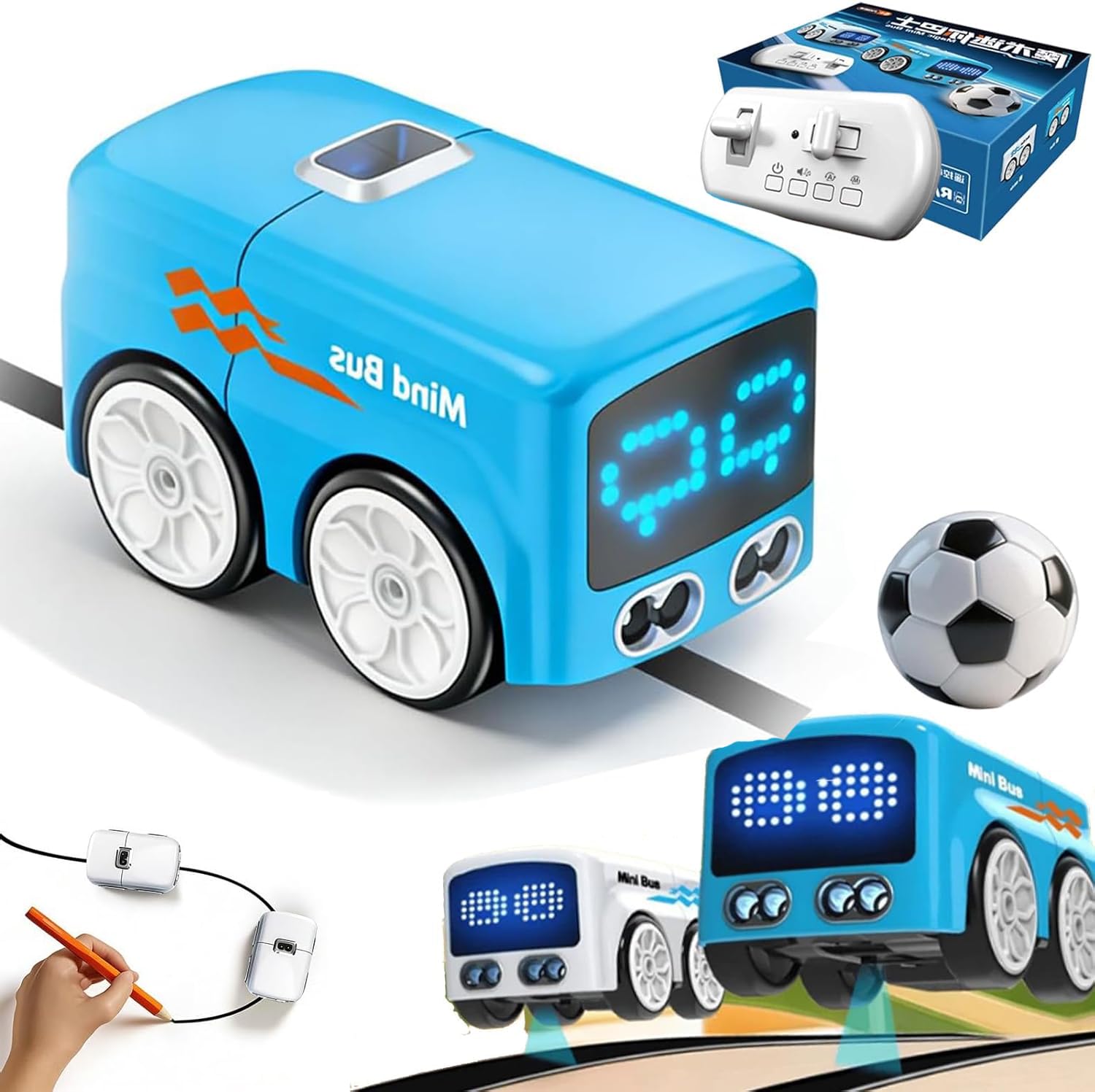 Azazaza Magic Mini Rc Bus, Remote Control Car with LED Expression Lights & Automatic Follow Mode, Automatic Avoidance Patrol Line Driving, Toy Bus for Toddlers Boys Girls 6 7 8 9 (Blue)