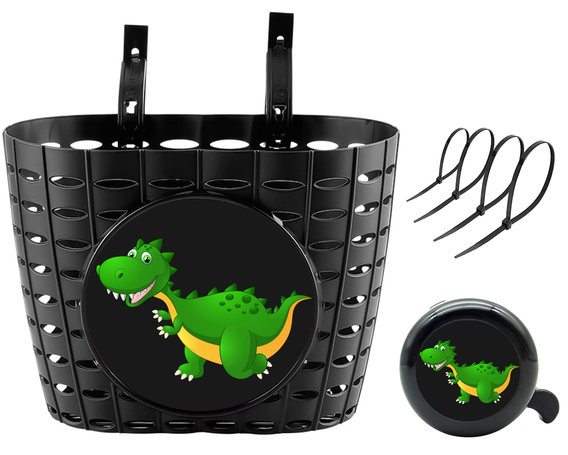 YeloYolker Boys Bike Basket with Bell, Cute Dinosaur Bicycle Basket for kids, Toddlers, Plastic Front Handlebar Basket for Scooter, Tricycle(I-Rex)