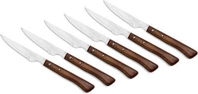 Conjunto Arcos de 6 Facas de Carne. Pacote de facas de bife com borda de pérola para cortar e filetar carne. Lâmina errante de aço inoxidável e cabo de madeira de faia. Série de Tabelas.