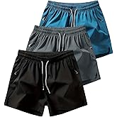 3 Set Men's Workout Athletic Shorts Lightweight Moisture Wicking 3" Running Shorts with Zipper Pockets Gym Beach