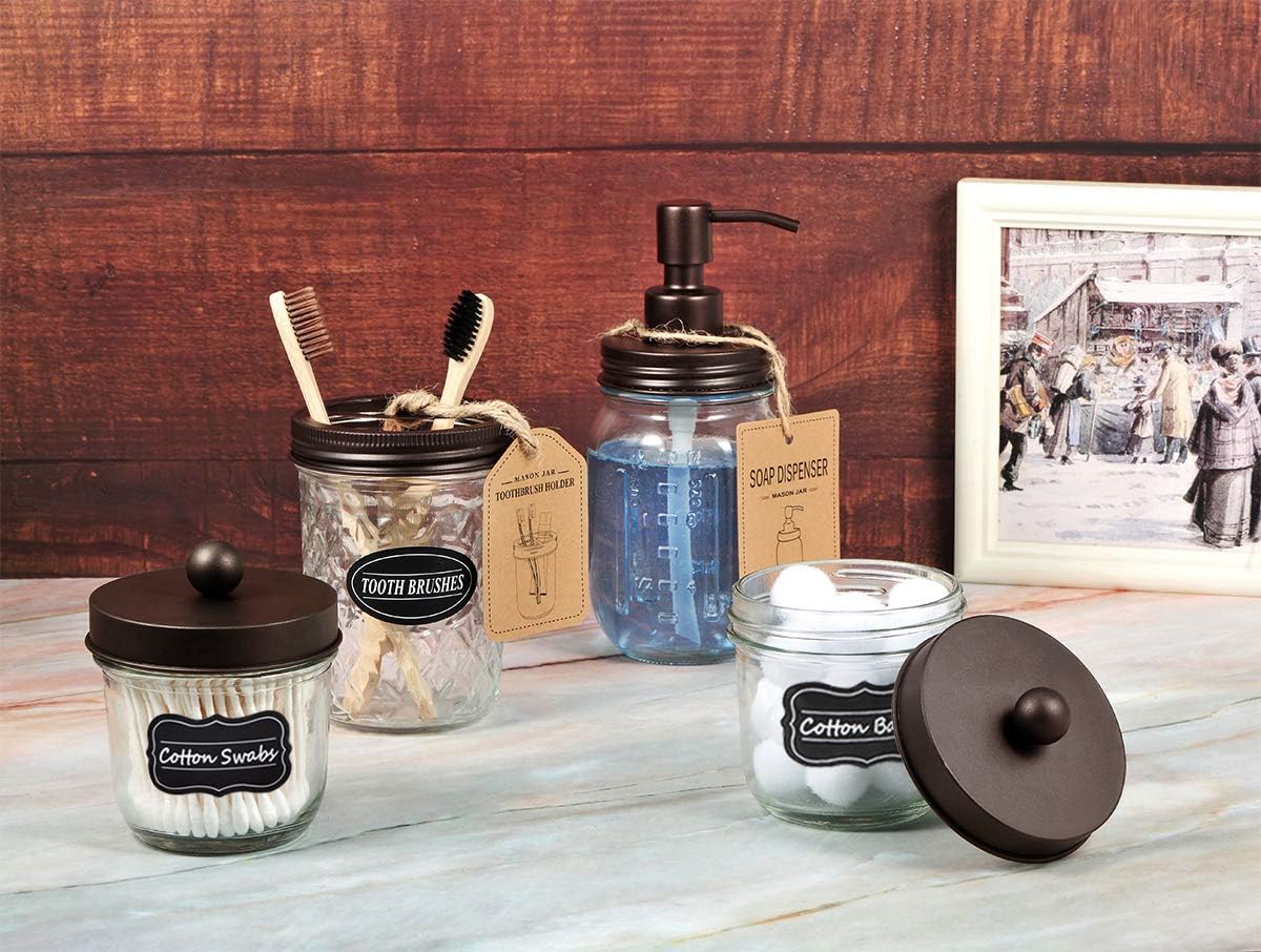 Mason Jar Bathroom Accessories Set(4 Pack) -Bronze-Lotion Soap Dispenser&Qtip Holder Set&Toothbrush Holder-Rustic Farmhouse Decor Apothecary Jar Bathroom Countertop,Vanity Organize (Bronze): Home & Kitchen