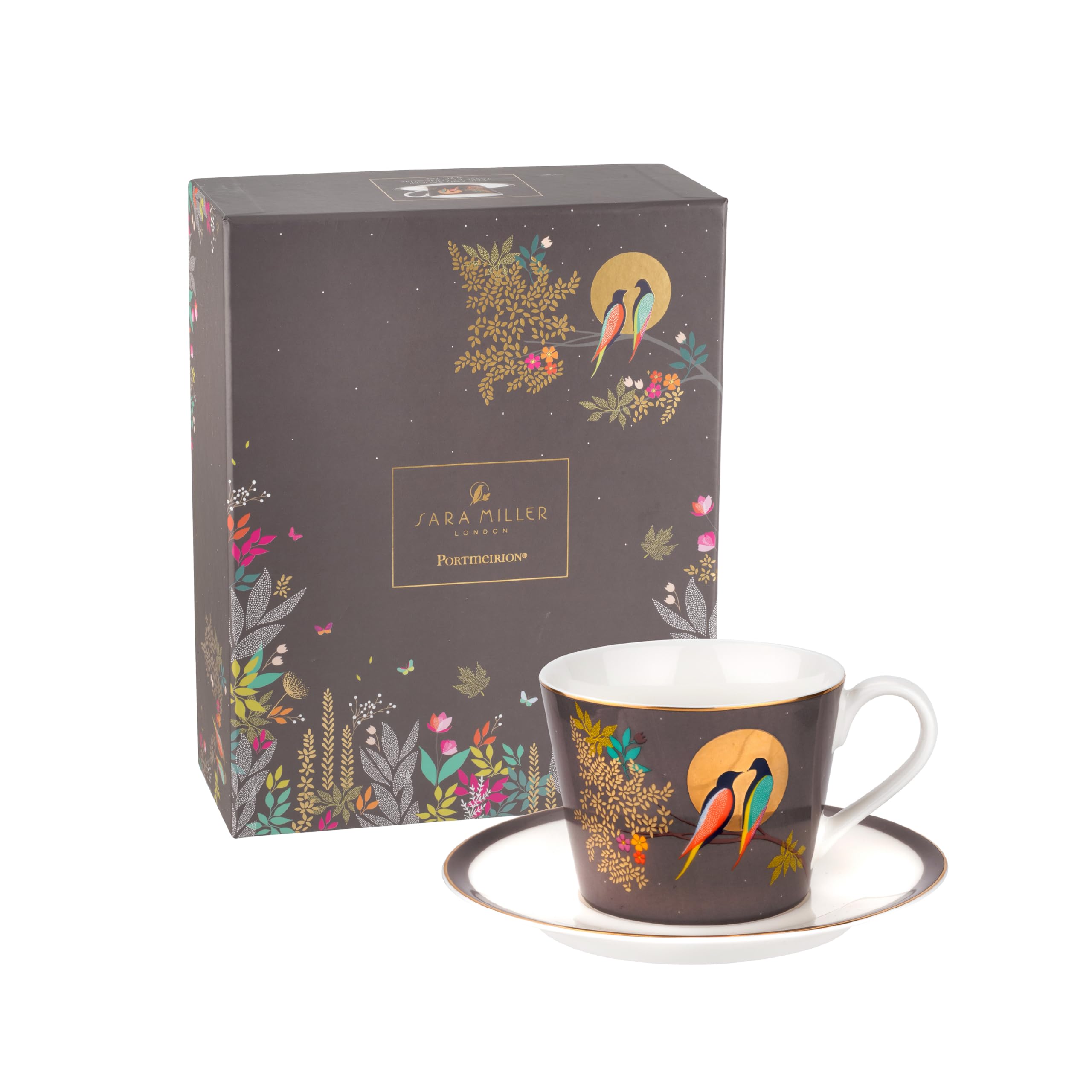 Portmeirion x Sara Miller London Cup and Saucer Set - Ceramic Grey Tea Cup with 22ct Gold Detailing, Chelsea Collection, A Timeless Blend of Style and Quality