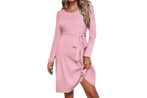 oelaio Women's Maternity Dress Ribbed Knit Long Sleeve Pregnancy Dresses Round Neck Casual Adjustable Belt Pregnant Clothes