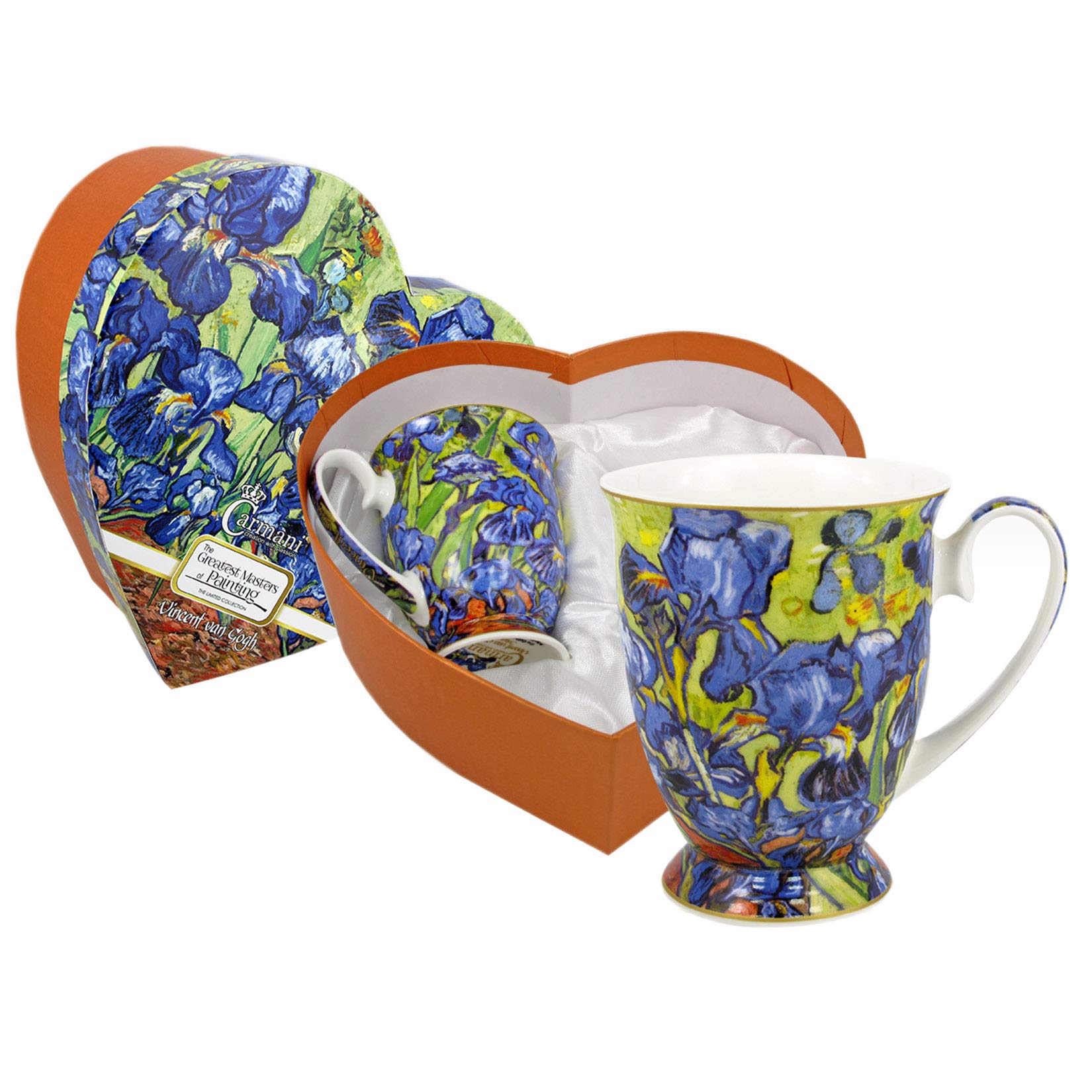 Carmani - Set of 2 Fine Bone China Mug for Tea, Coffee in a Heart Shape Gift Box with Vincent Van Gogh - Irises 380 ml