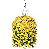 Ammyoo Artificial Faux Hanging Flowers Basket for Spring Summer Outdoor Porch Decor, Fake Silk Colorful Morning Glory Eucalyptus in Planter UV Resistant Look Real for Home Balcony Yard(Yellow)