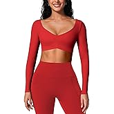BRXL Long Sleeve Workout Crop Top for Women Built in Bra Gym Athletic Tops Deep V Neck Ruched Padded Dance Sexy Shirts