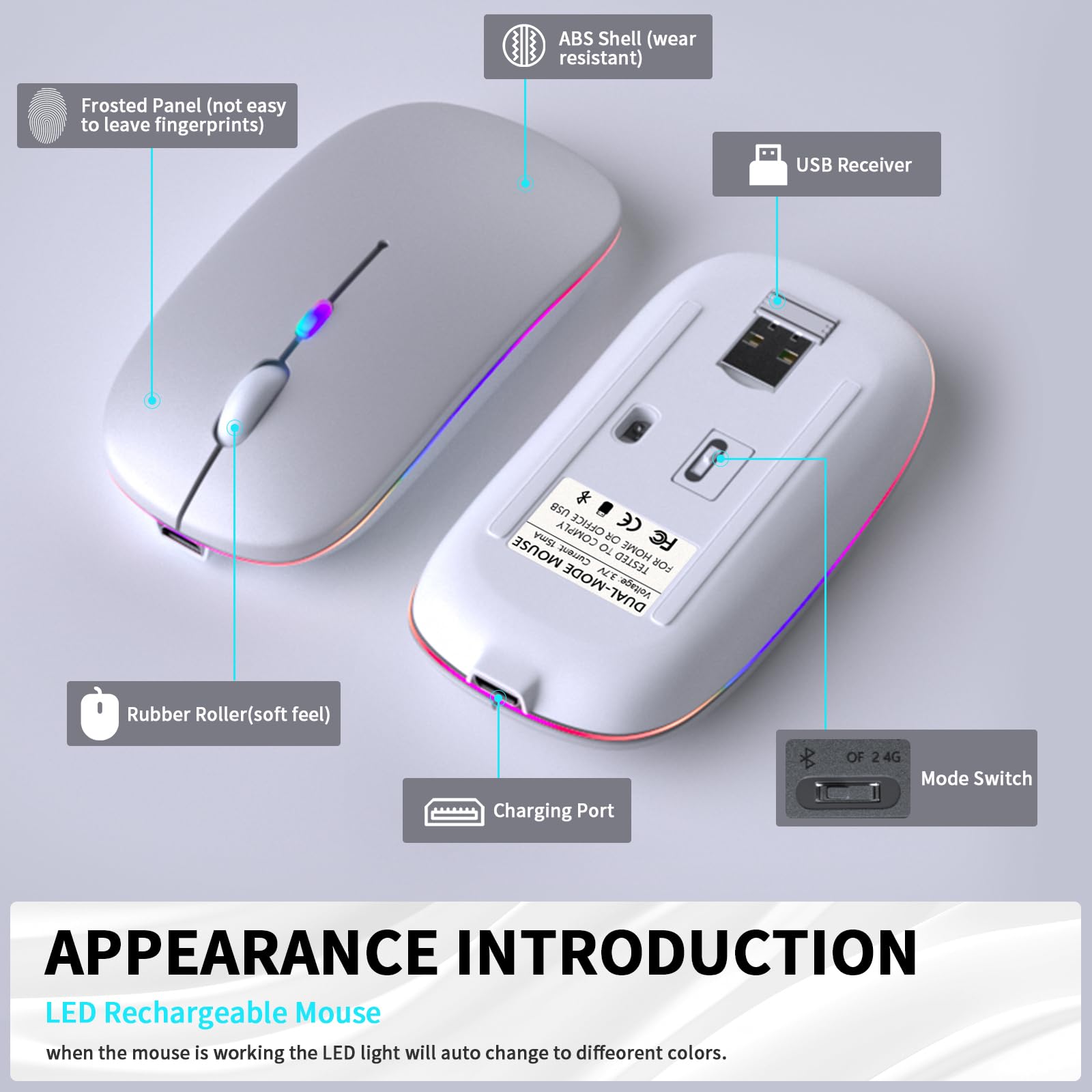 KANMABPC Wireless Bluetooth Mouse – Rechargeable, Silent, Dual Mode (Bluetooth 5.2 & USB) with LED Lights – Portable for Laptop, Desktop, & Tablet(Silver)