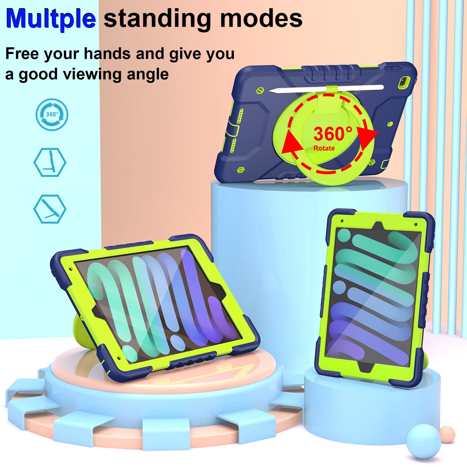 Andnary Case for iPad 9th/8th/7th Generation 10.2 inch, Shockproof Cover with Screen Protector/360° Rotating Handle/Bracket/Pen Holder/Shoulder Strap, Kids Case for iPad 2021/2020/2019 (Navy+Green)