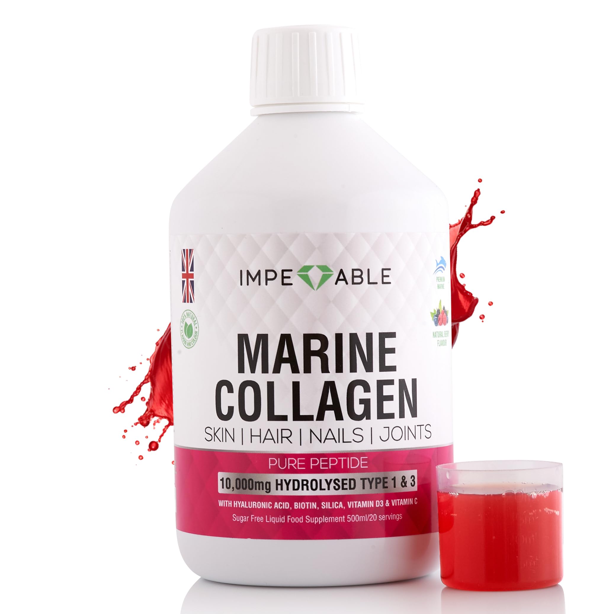 IMPECCABLE Liquid Marine Collagen 10,000mg Hydrolysed Collagen with Hyaluronic Acid, Biotin & Vitamins – Skin, Hair, Nails & Joint Support – Mixed Berry – Sugar Free - 500ml.