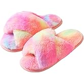 Shoeslocker Girls Cross Band Open Toe Tie Dye Plush House Slippers Nonslip Casual Slippers