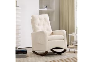 Nursery Glider Rocking Chair with Side Pocket, Modern Upholstered Swivel Rocker for Living Room & Bedroom, Ergonomic High Bac