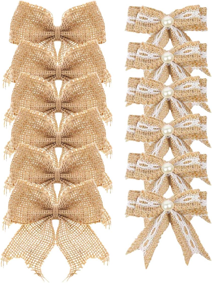 Bows & Ribbons - Aokbean 12 pcs Mini Pearl Natural Burlap Bows for Christmas Tree Wreath Cabinets Door Outdoor Decor Crafts (Mixed 1)