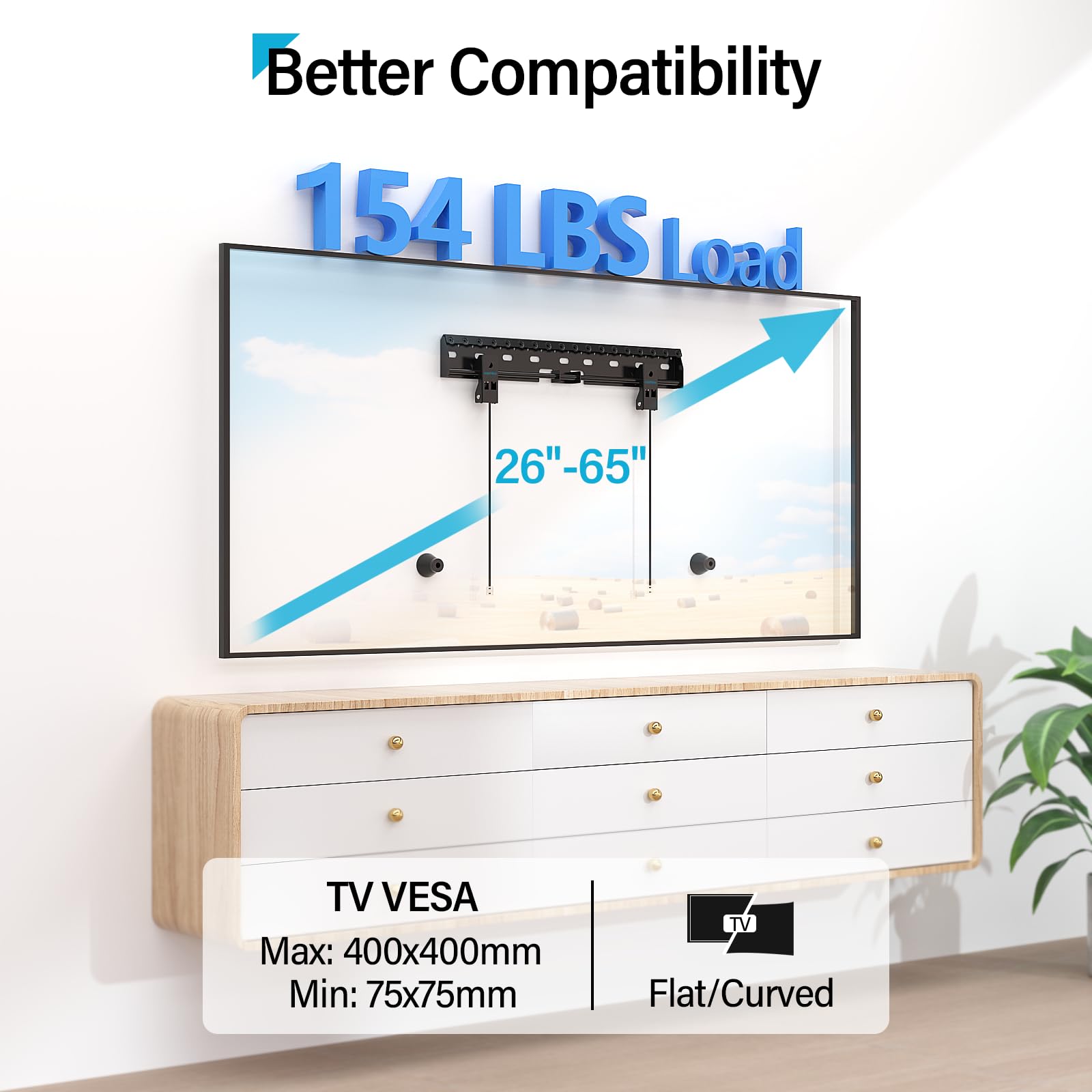 No Stud TV Wall Mount for 26-65 Inch TV up to 154 lbs, No Drill & Non Damage Drywall Studless TV Mount, Max VESA 400x400mm, Dry Wall Flat Screen Easy Install Wall Mount tv Bracket