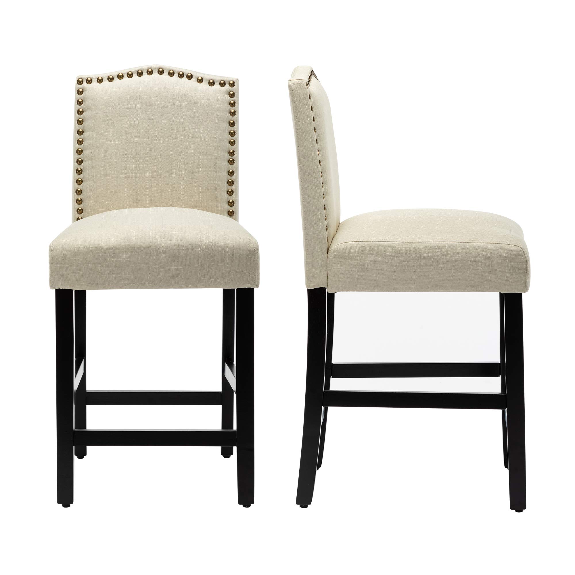 LSSBOUGHT Counter Stools,24 inches Upholstered Bar Chairs with Solid Wood Legs and Nailed Trim Set of 2 (Beige)