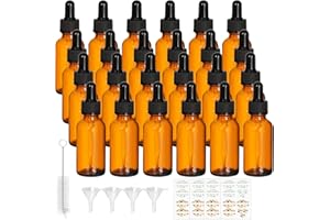 1 oz Amber Glass Dropper Bottles- 24 Pack Boston Bottle with Leakproof Caps for Essential Oils and DIY- Bonus 4 Funnels, 1 Br